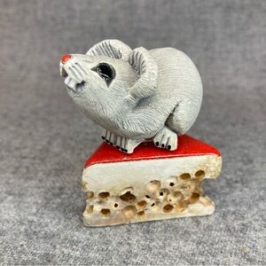 Vintage Mouse On Swiss Cheese Figurine Artesania Rinconada Red Gray Ceramic